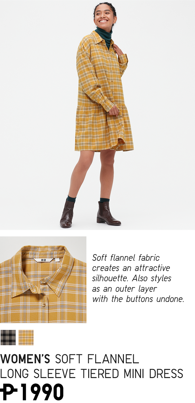  Soft flannel fabric creates an attractive silhouette. Also styles as an outer layer with the buttons undone. WOMENS SOFT FLANNEL LONG SLEEVE TIERED MINI DRESS P-1990 